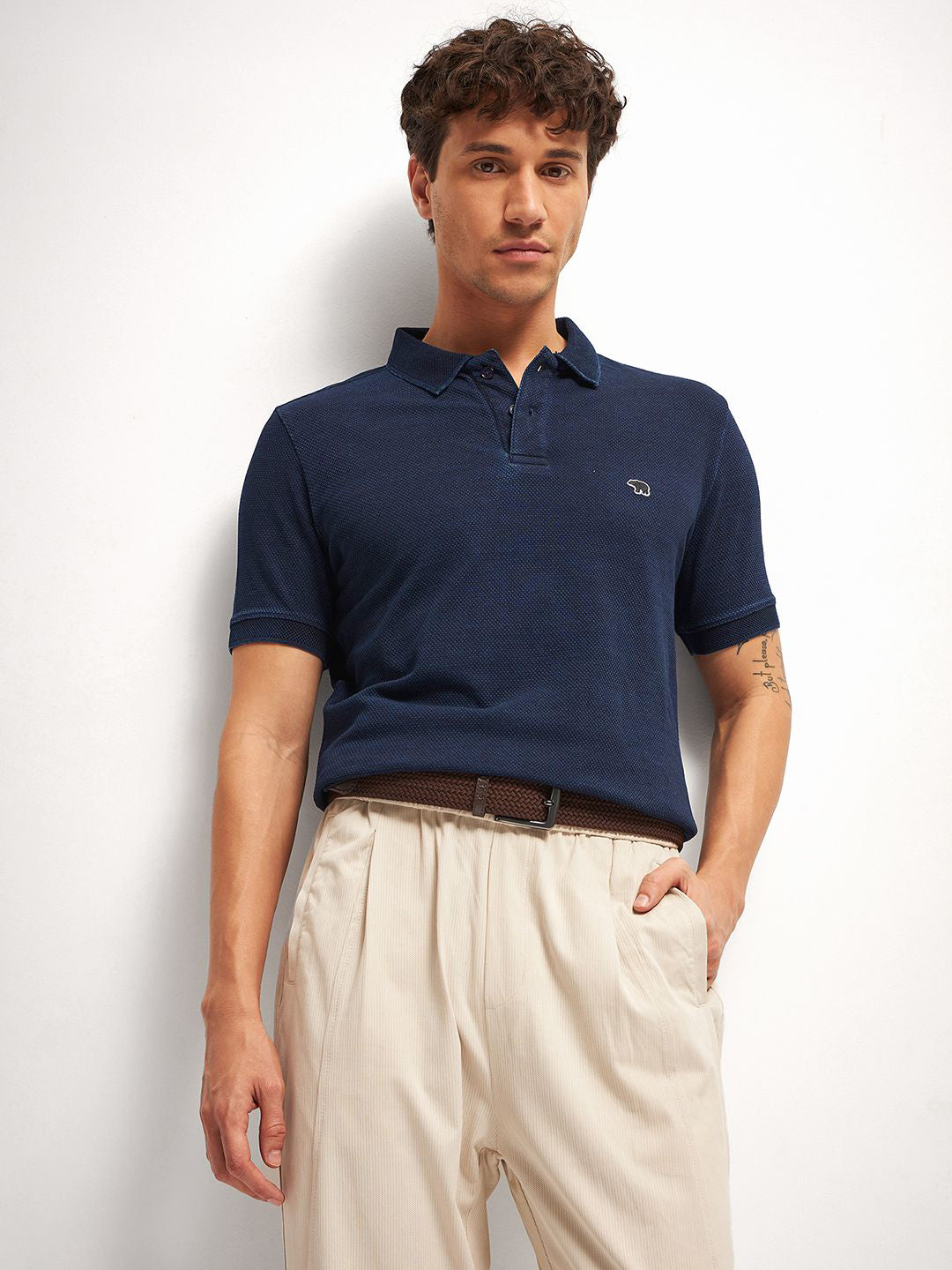 THE BEAR HOUSE Pure Cotton  Self Design Polo Collar T-shirt