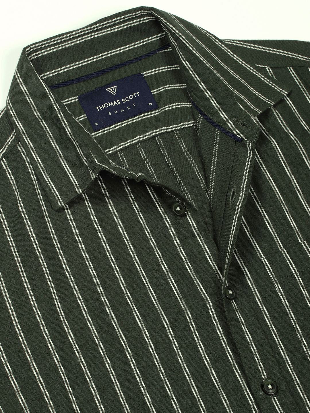 Thomas Scott Men Classic Slim Fit Spread Collar Vertical Striped Cotton Casual Shirt