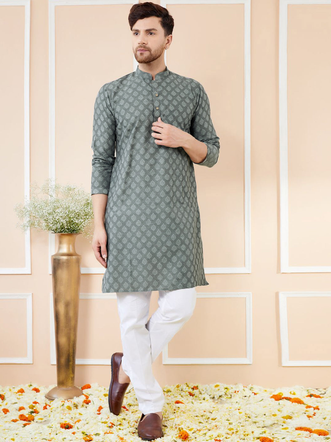 See Designs Ethnic Motifs Woven Design Mandarin Collar Straight Kurta With Pyjamas