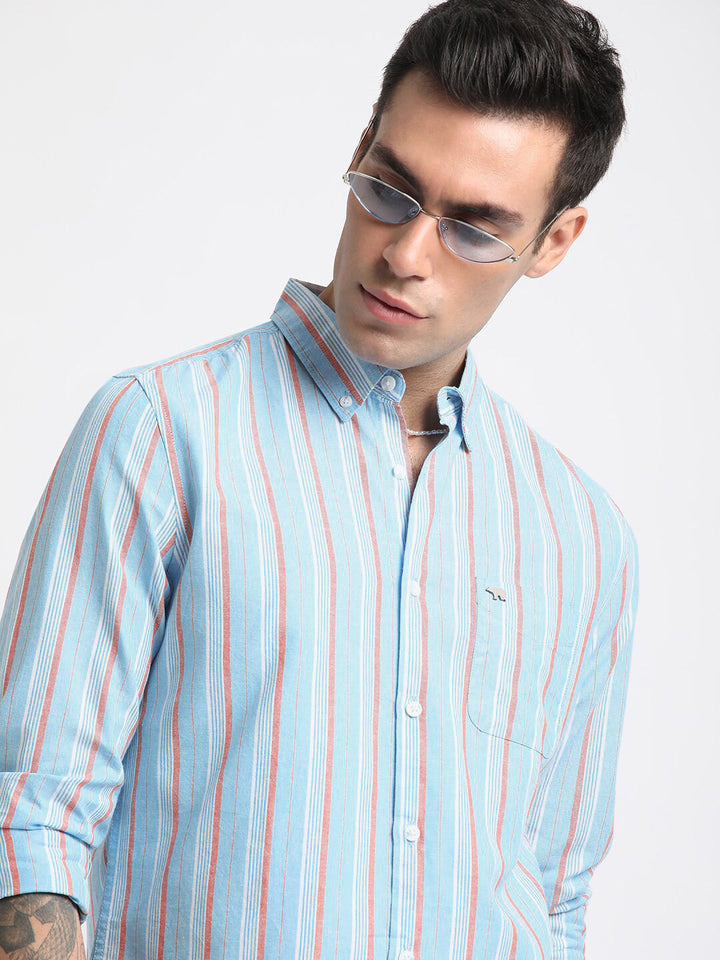 THE BEAR HOUSE Slim Fit Striped Spread Collar Cotton Casual Shirt