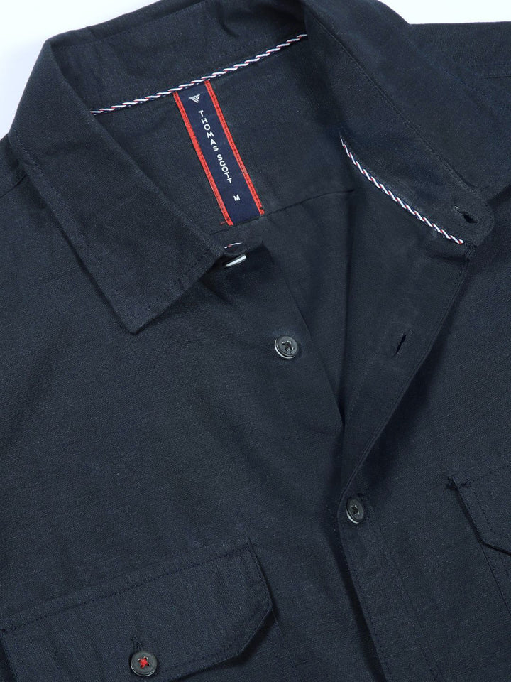 Thomas Scott Men Classic Slim Fit Spread Collar Solid Linen Casual Shirt