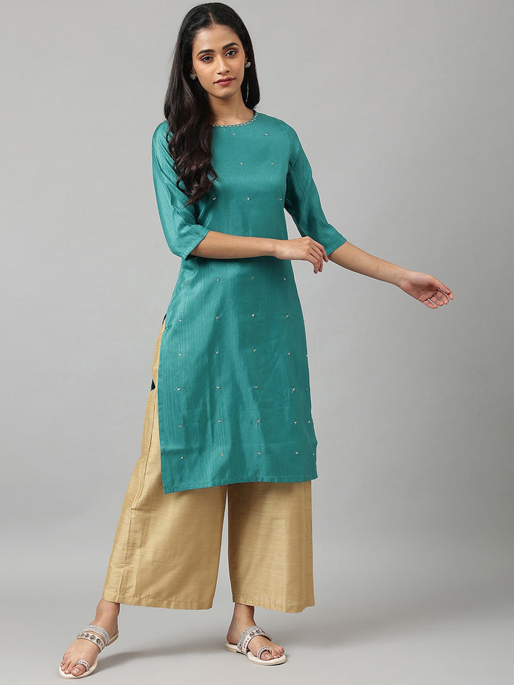 W Women Teal Thread Work Indie Prints Kurta