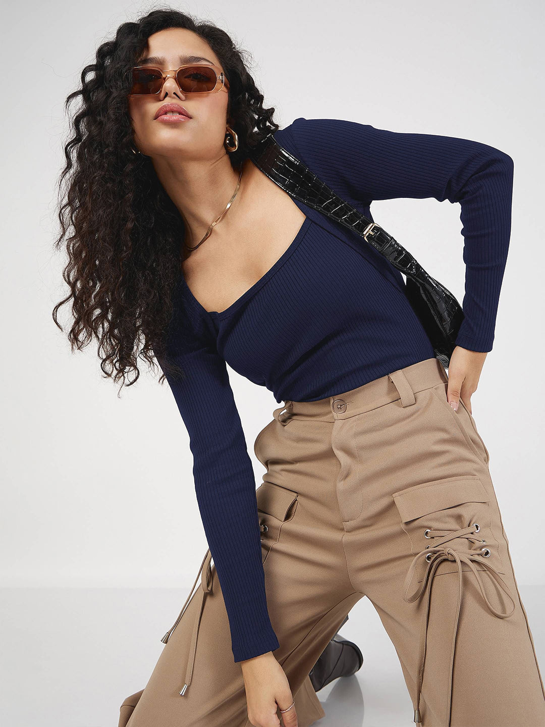 SASSAFRAS Women Square Neck Ribbed Regular Top