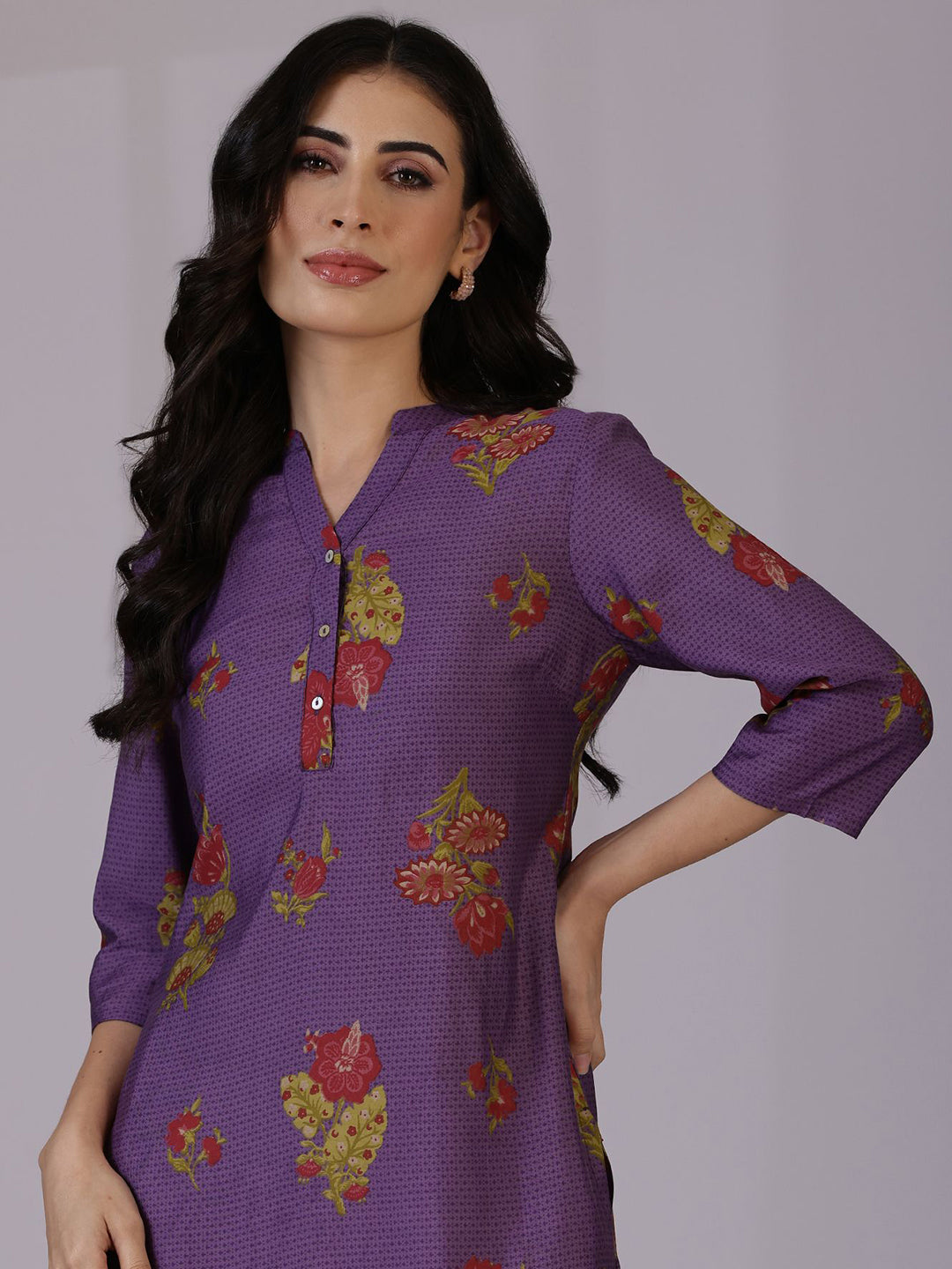 W Purple Floral Printed Mandarin Collar Three-Quarter Sleeves Straight Kurta