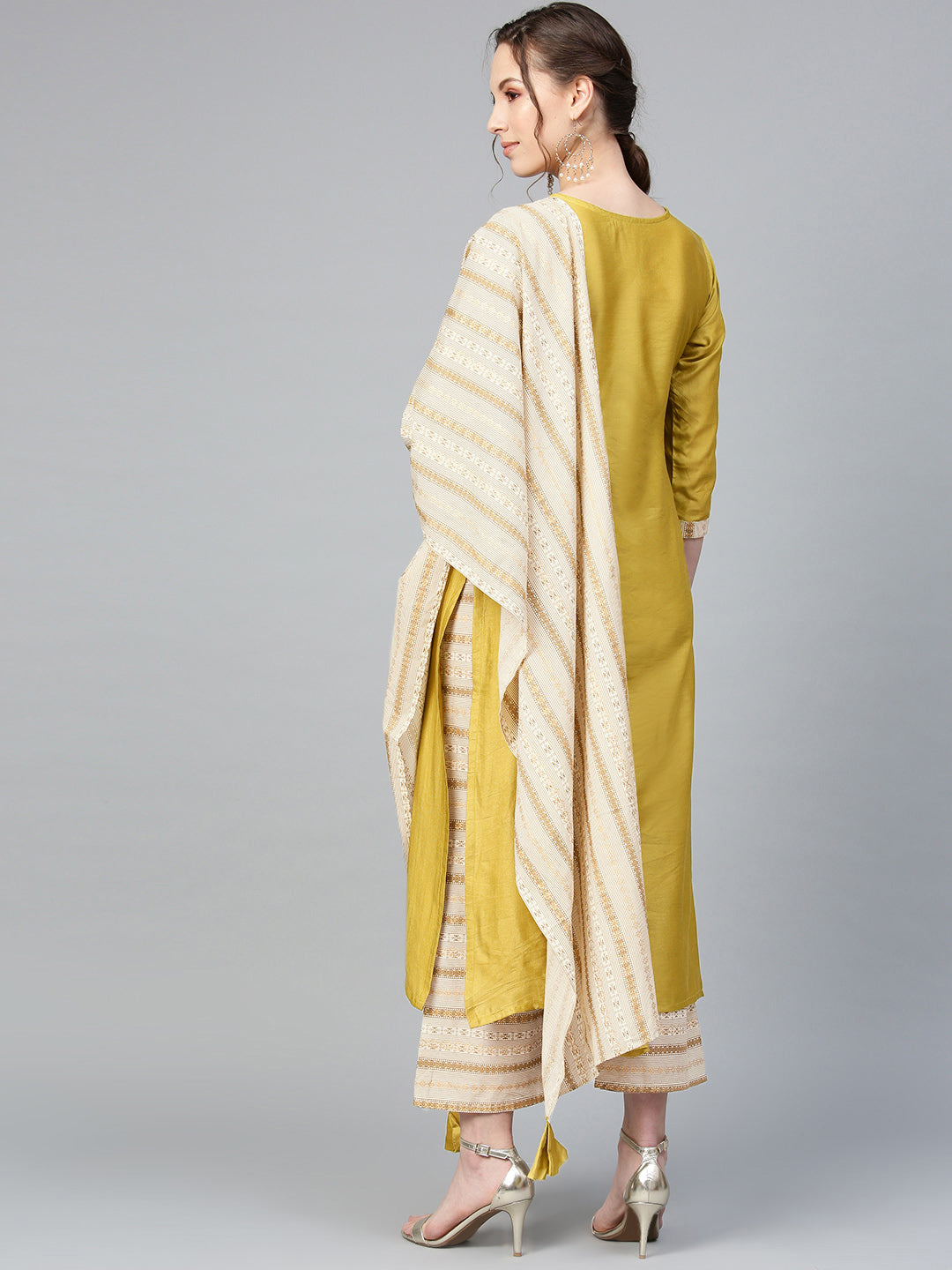 Indo Era Muted Dandelion Ethnic Stripes Keyhole Kurta Set with Stole