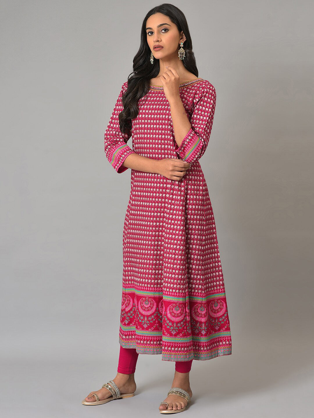 W Festive Floral Print Rayon Kurta With Tight