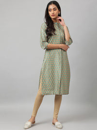 W Floral Printed Mandarin Collar Roll-Up Sleeves Straight Kurta
