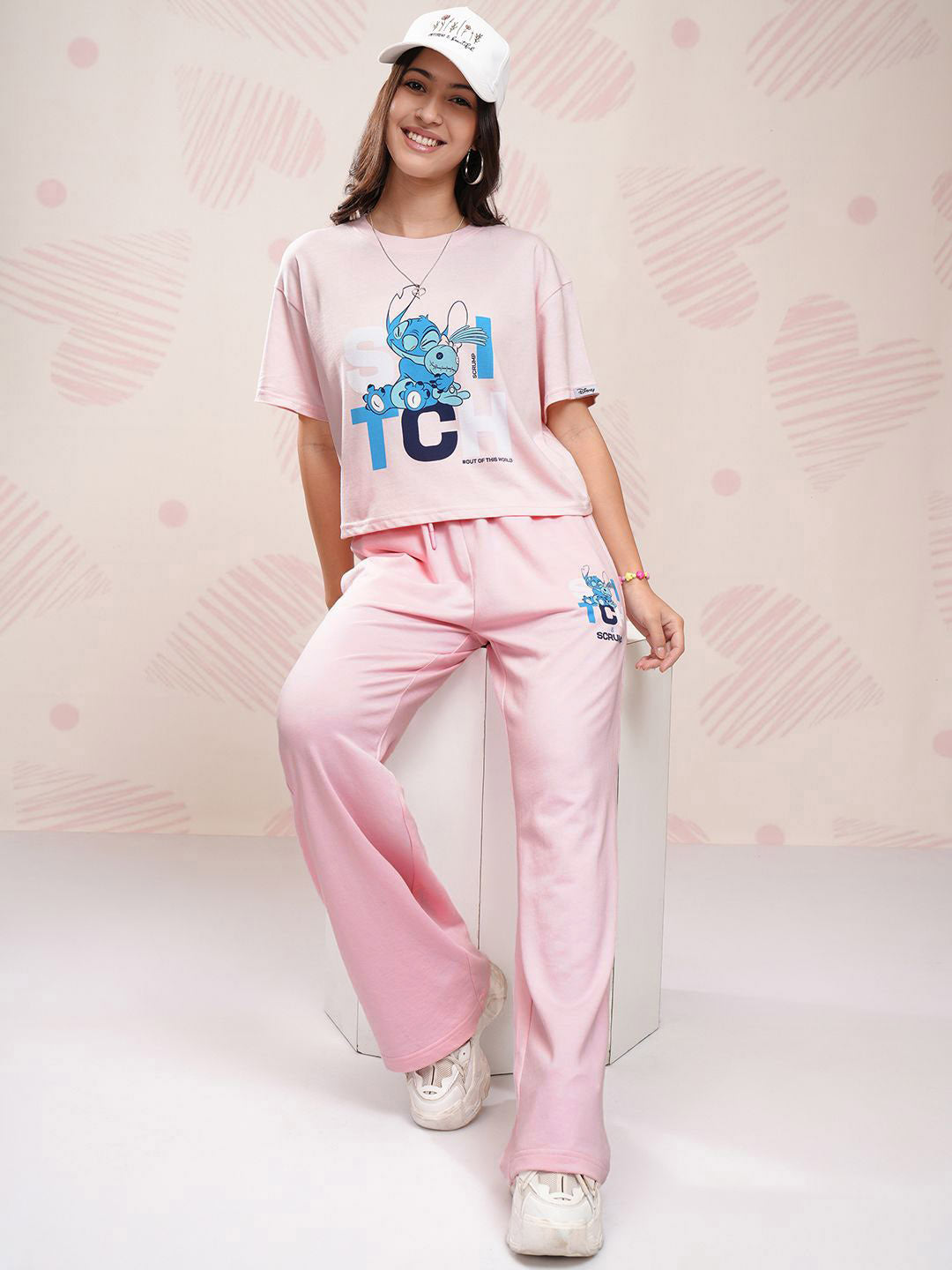 Tokyo Talkies Disney Women Stitch Printed Pure Cotton Boxy Fit T Shirt With Pant Co Ords