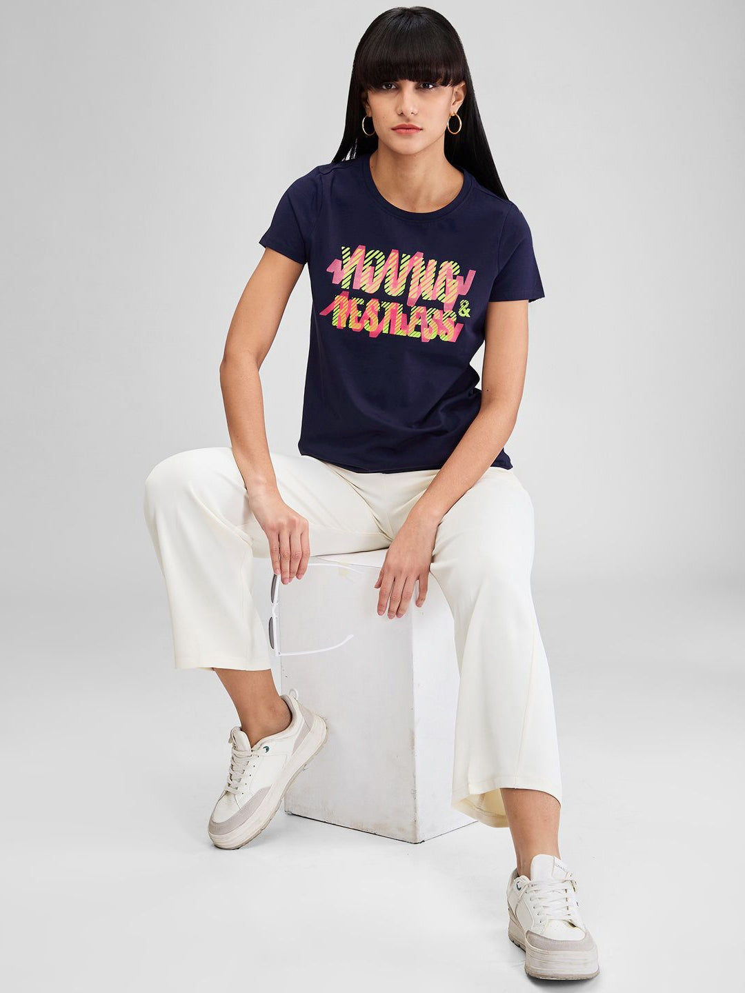 SPYKAR Women Typography Applique T-shirt
