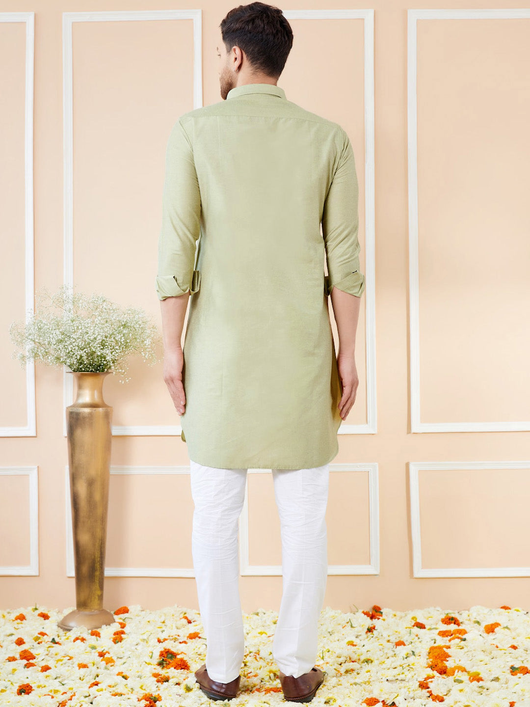 See Designs Shirt Collar Long Sleeves Pure Cotton Pathani Kurta With Pyjamas