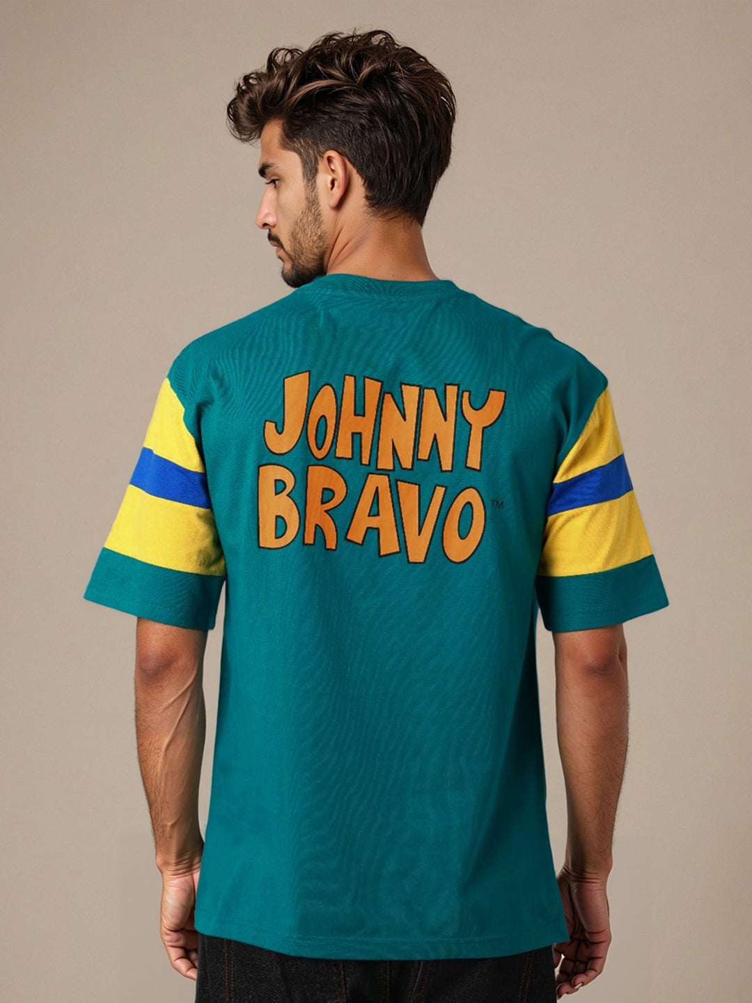 The Indian Garage Co Men Johnny Bravo Graphic Printed Round Neck Cotton Oversized T-shirt