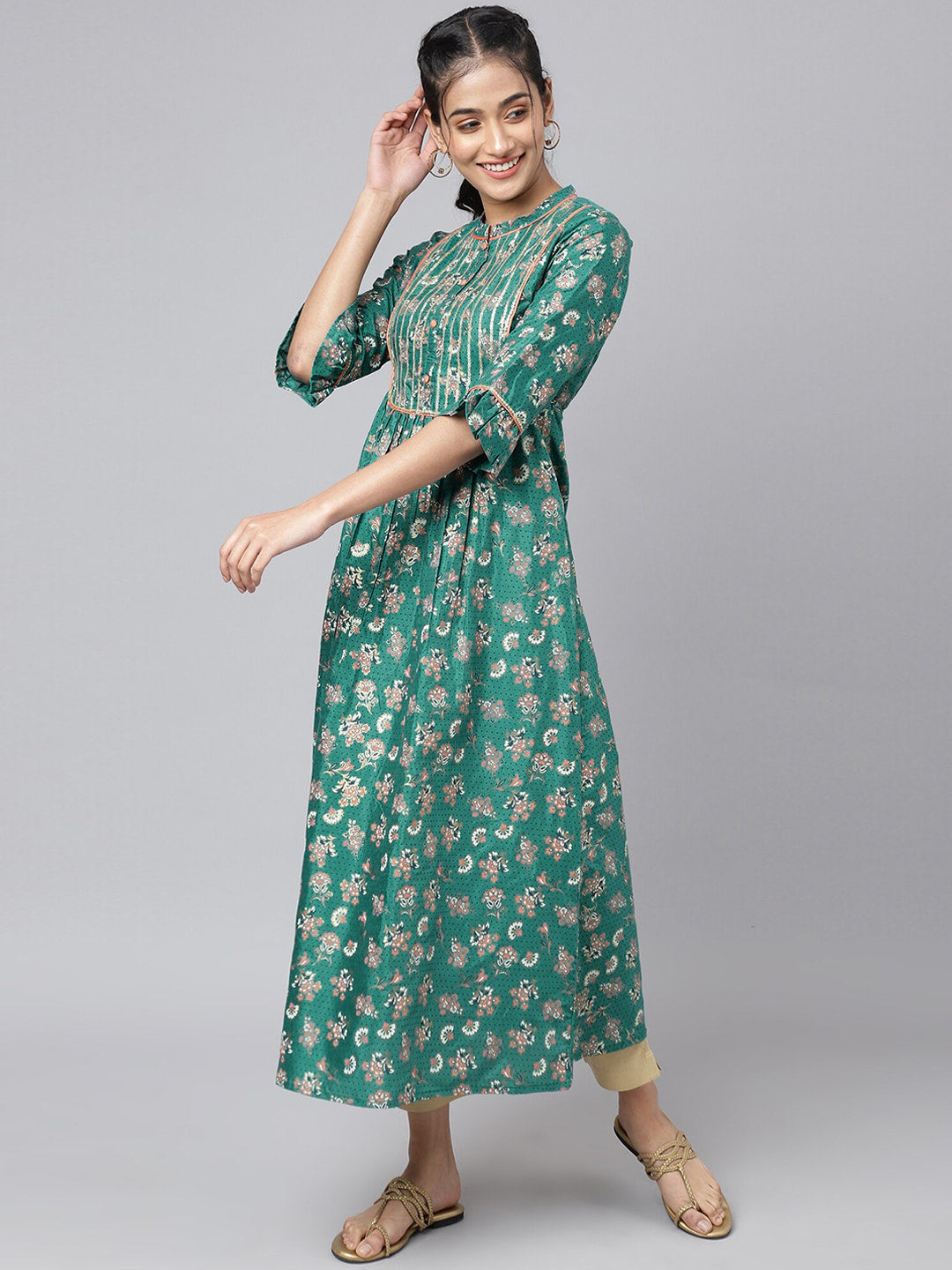 AURELIA Women Green Ethnic Motifs Printed Keyhole Neck Kurta