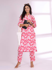 Varanga Pink Floral Printed Mandarin Collar Pure Cotton Kurta with Trousers
