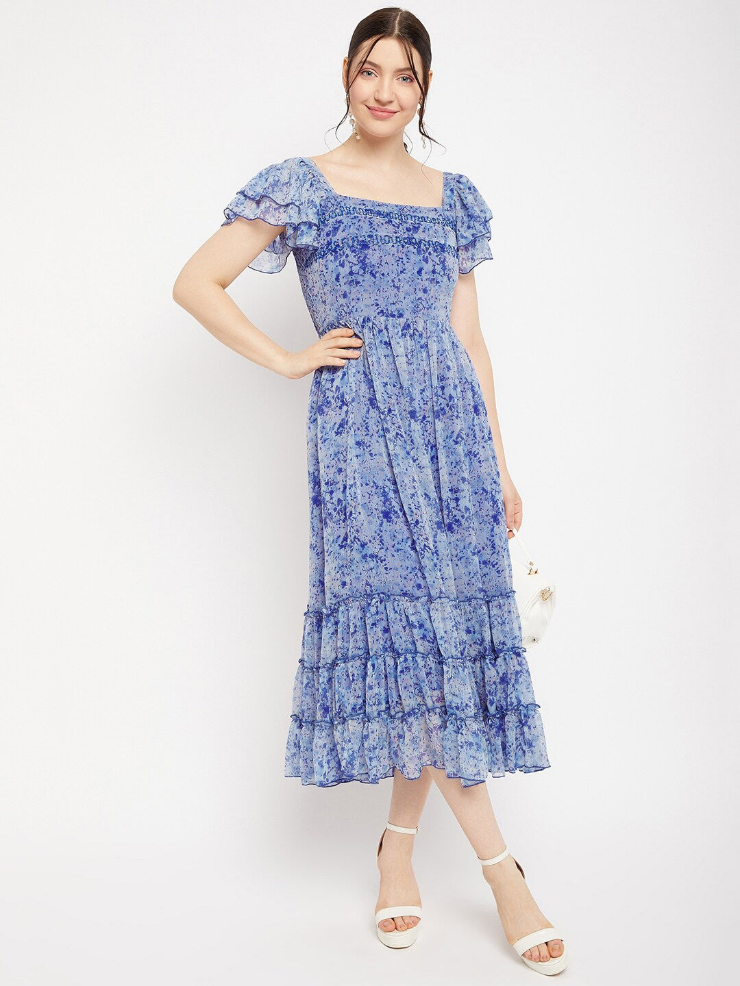 Antheaa Square Neck Abstract Printed Tiered Embellished Chiffon Fit & Flare Midi Dress