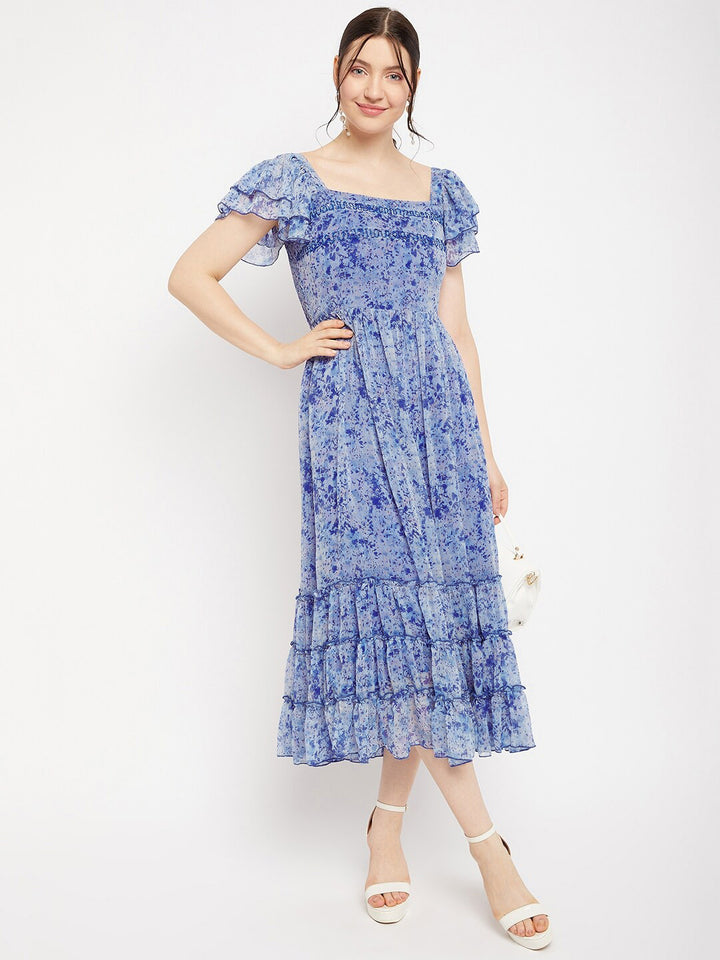 Antheaa Square Neck Abstract Printed Tiered Embellished Chiffon Fit & Flare Midi Dress