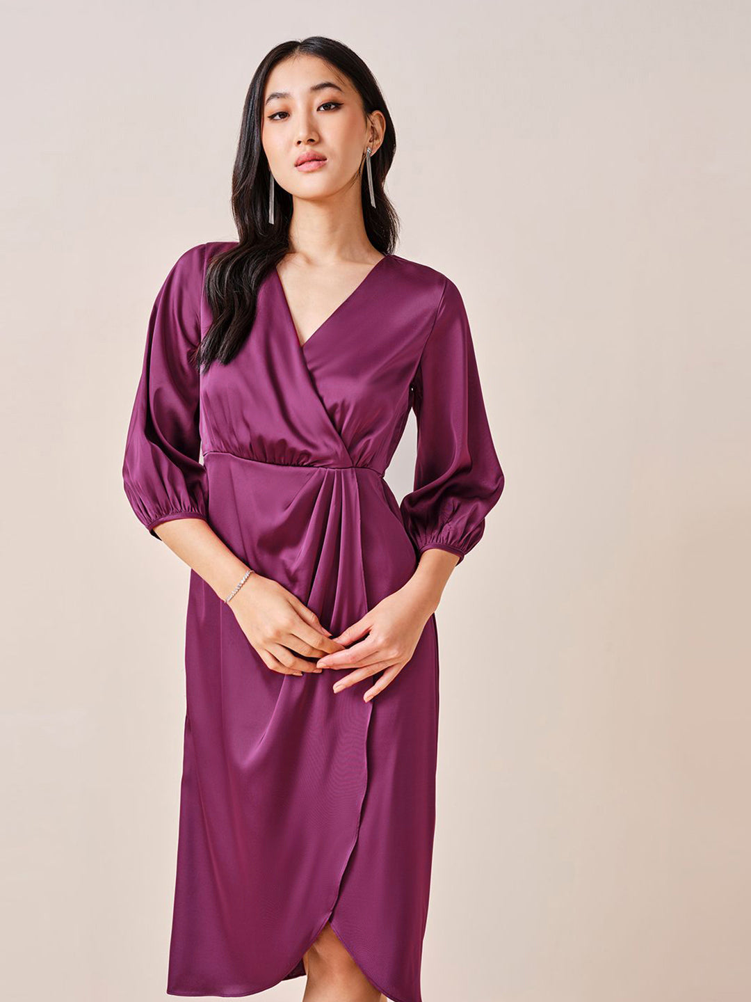 AND Women Solid V-Neck Puff Sleeve Wrap Midi Dress