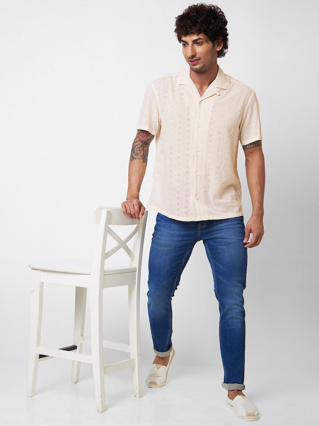 SPYKAR Self Design Cuban Collar Cotton Casual Shirt