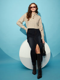 STREET 9 Beige Ribbed Cable knit Shirt Collar Acrylic Crop Pullover Sweater