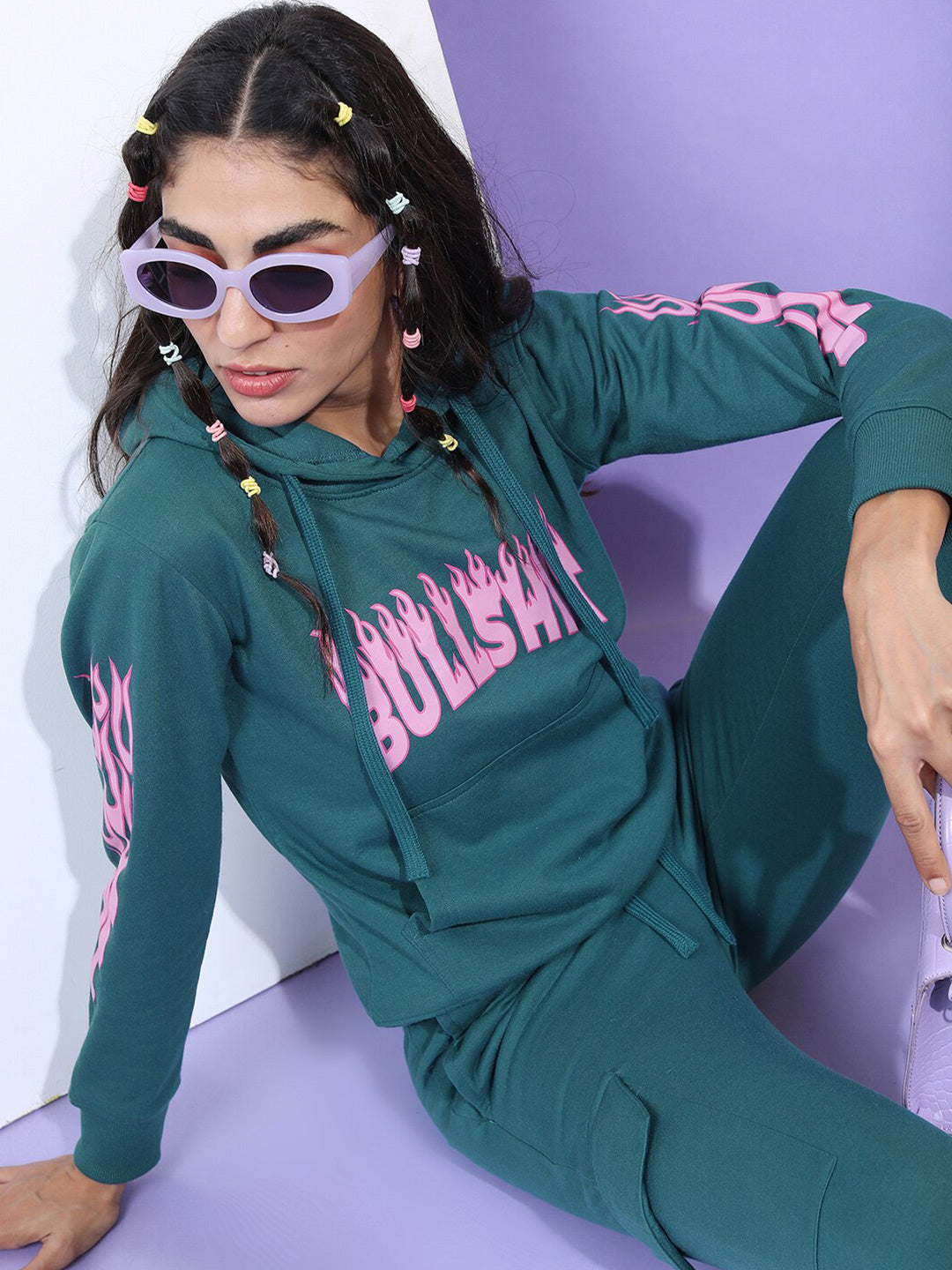 Tokyo Talkies Women Teal Printed Hooded Sweatshirt