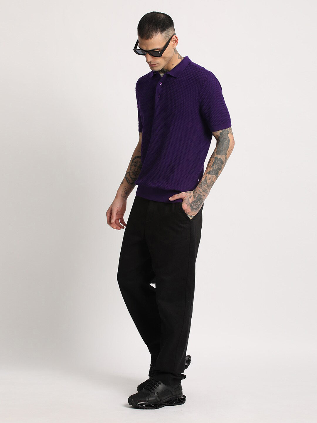 THE BEAR HOUSE Men Self Design Slim Fit Cotton Polo Collar T-Shirt
