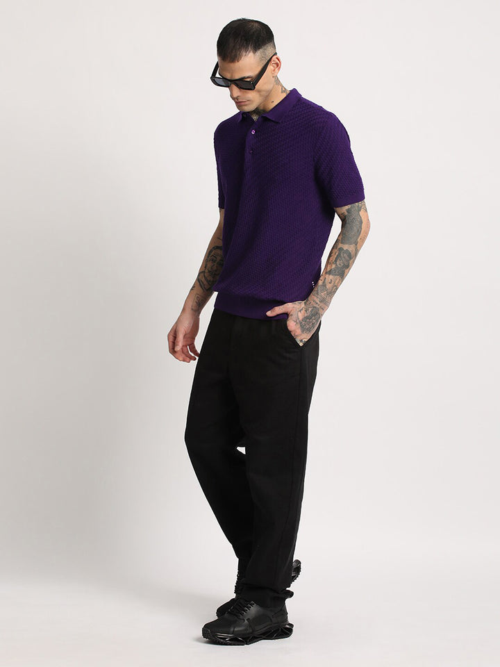 THE BEAR HOUSE Men Self Design Slim Fit Cotton Polo Collar T-Shirt
