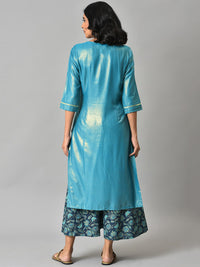 Aurelia Women Blue Zari Embroidered Kurta with Printed Culottes