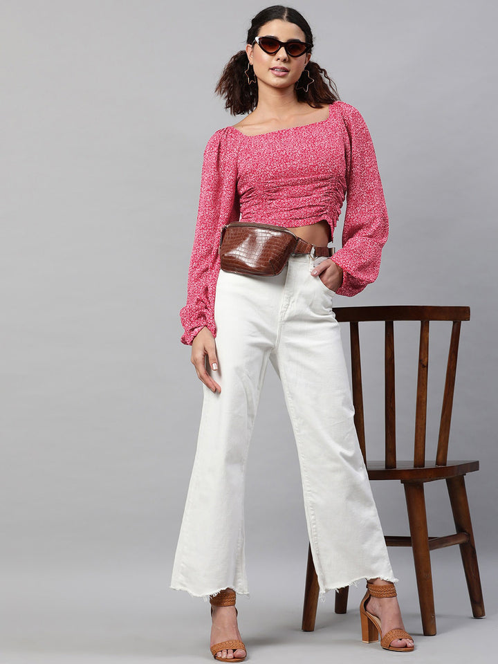 STREET 9 Maroon Floral Georgette Fitted Crop Top