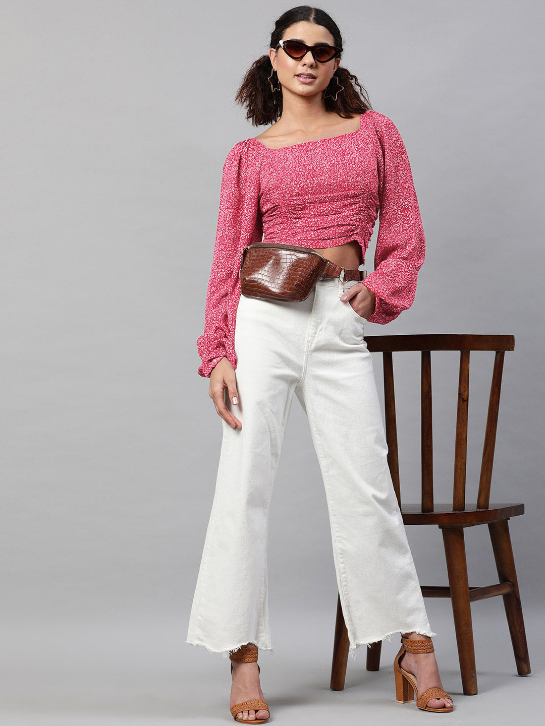 STREET 9 Maroon Floral Georgette Fitted Crop Top