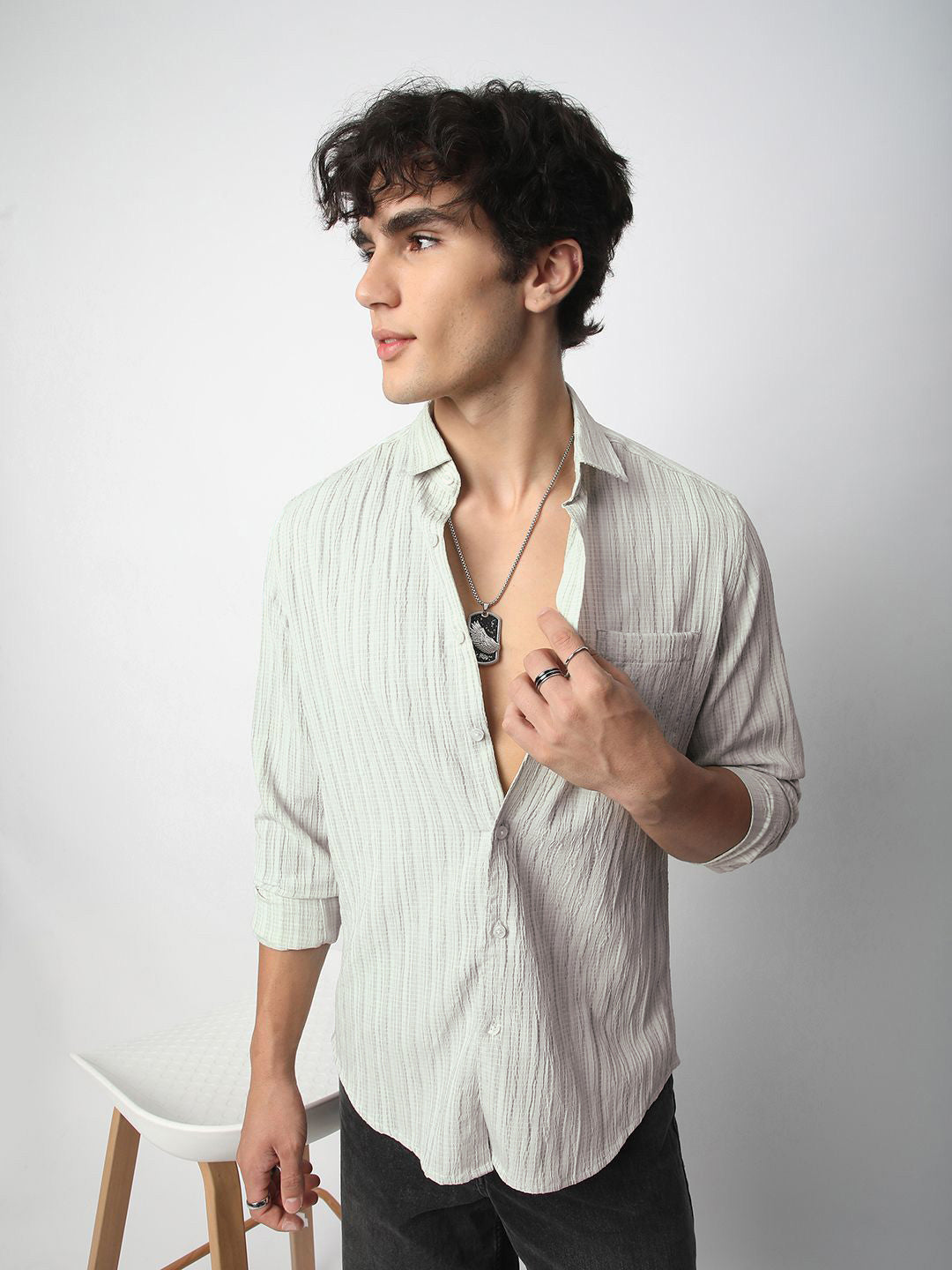 VASTRADO Men Classic Spread Collar Textured Slim Fit Casual Shirt