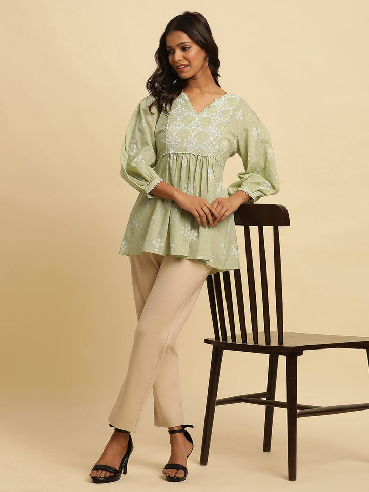 W Green & White Floral Printed Puff Sleeve Pure Cotton A-Line Top