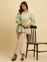 W Green & White Floral Printed Puff Sleeve Pure Cotton A-Line Top