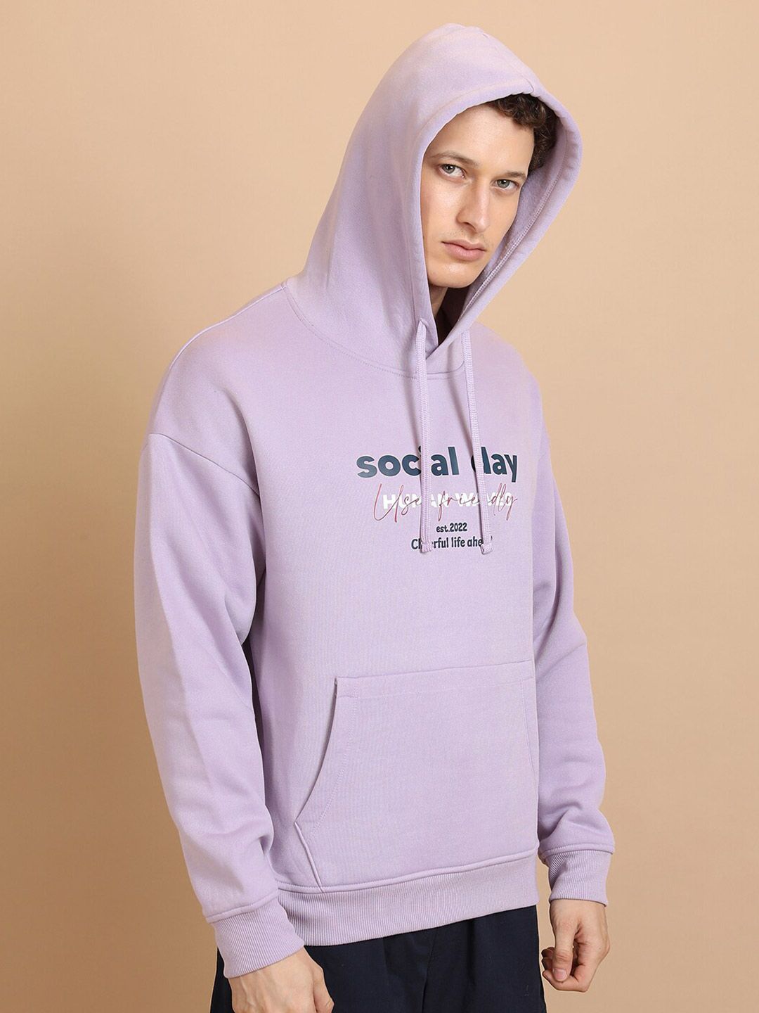HIGHLANDER Typography Printed Hooded Oversized Drop Shoulder Sleeves Pullover Sweatshirt