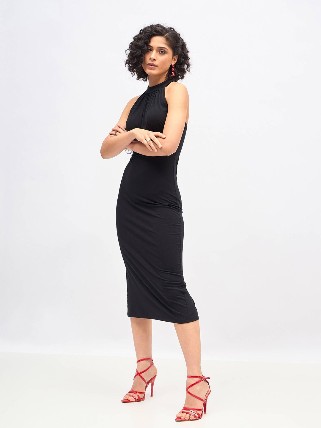 SASSAFRAS Black High Neck Sheath Midi Dress
