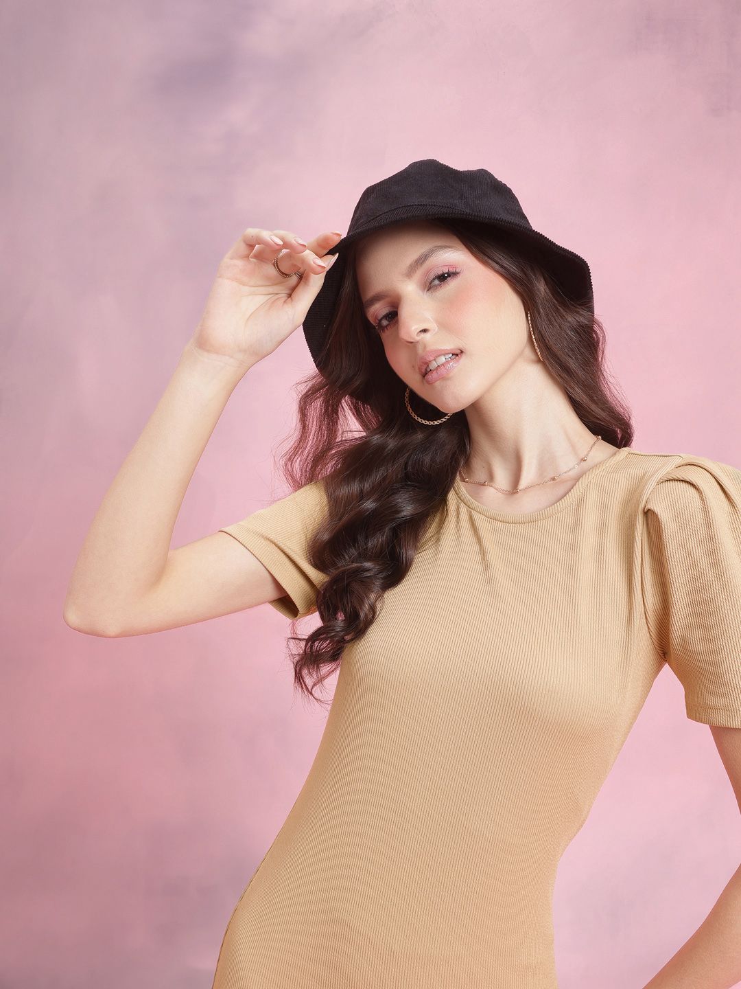 DressBerry Puff Sleeves Ribbed Bodycon Midi Dress