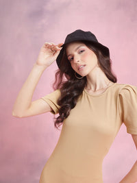 DressBerry Puff Sleeves Ribbed Bodycon Midi Dress
