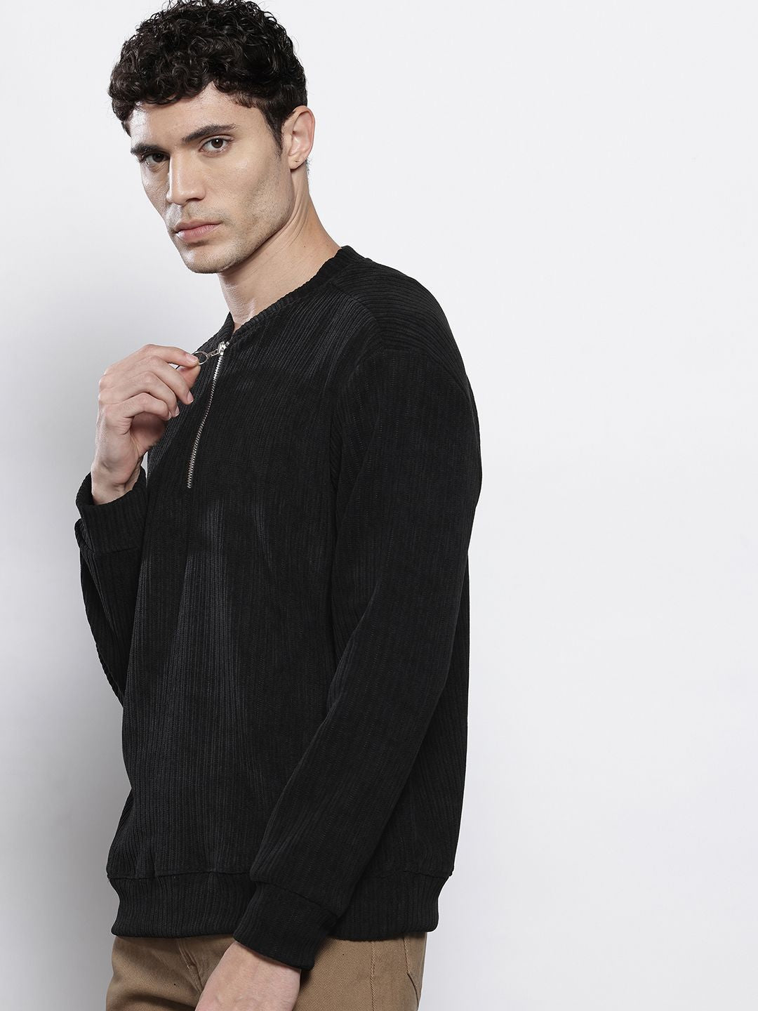 The Indian Garage Co Self Design Henley Neck Drop-Shoulder Sleeves Corduroy Sweatshirt