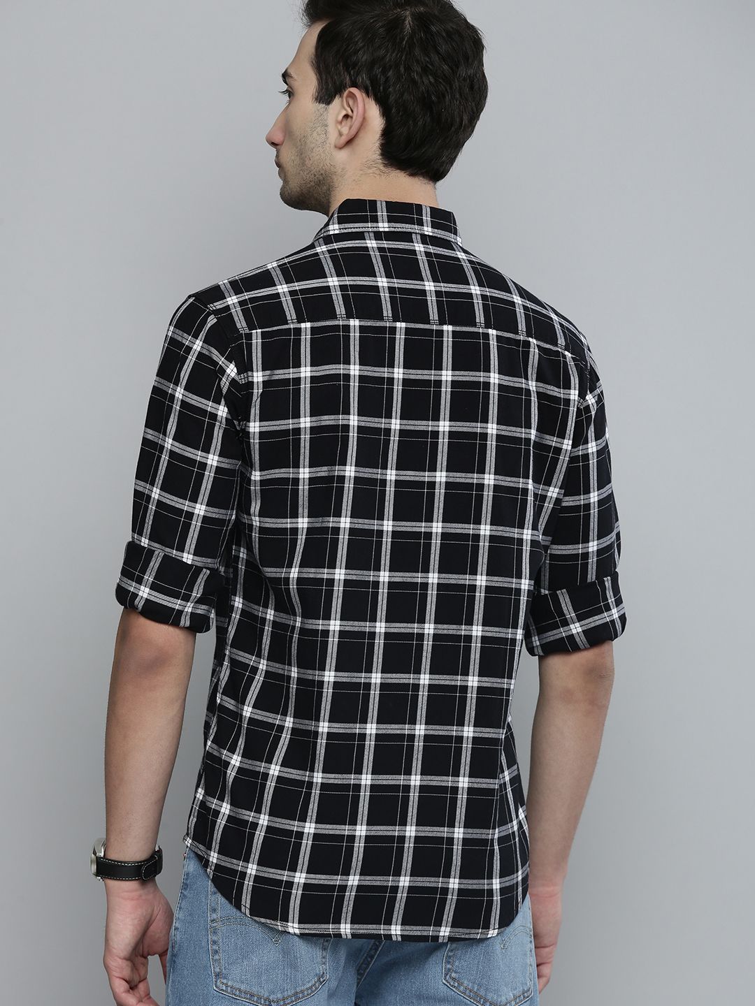 The Indian Garage Co Men Black Cotton Slim Fit Opaque Checked Casual Shirt