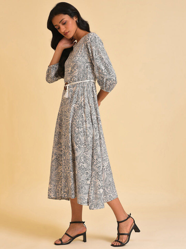 W White Ethnic Motif Printed A-Line Midi Dress With Belt