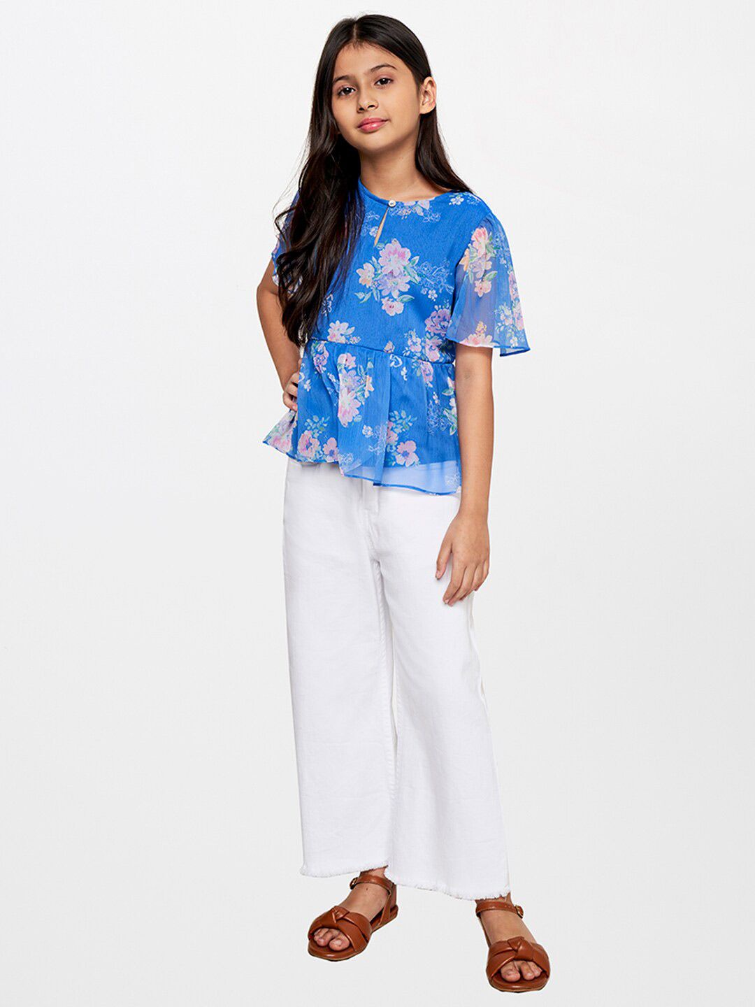 AND Blue Floral Print Bell sleeves Peplum Top