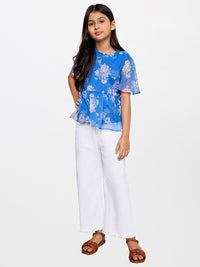 AND Blue Floral Print Bell sleeves Peplum Top