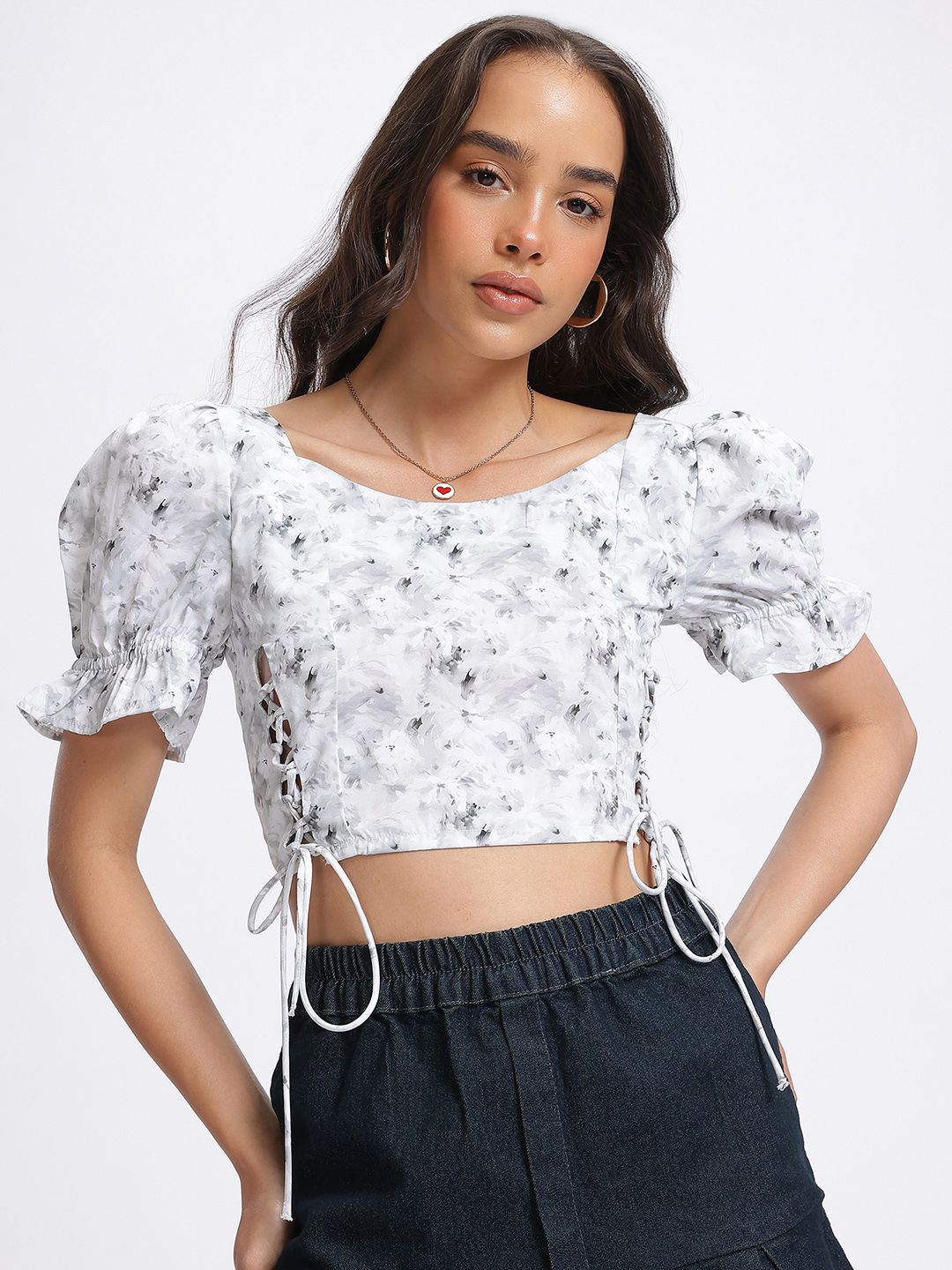 DressBerry Monochrome Florals Lace Up Detail Crop Top