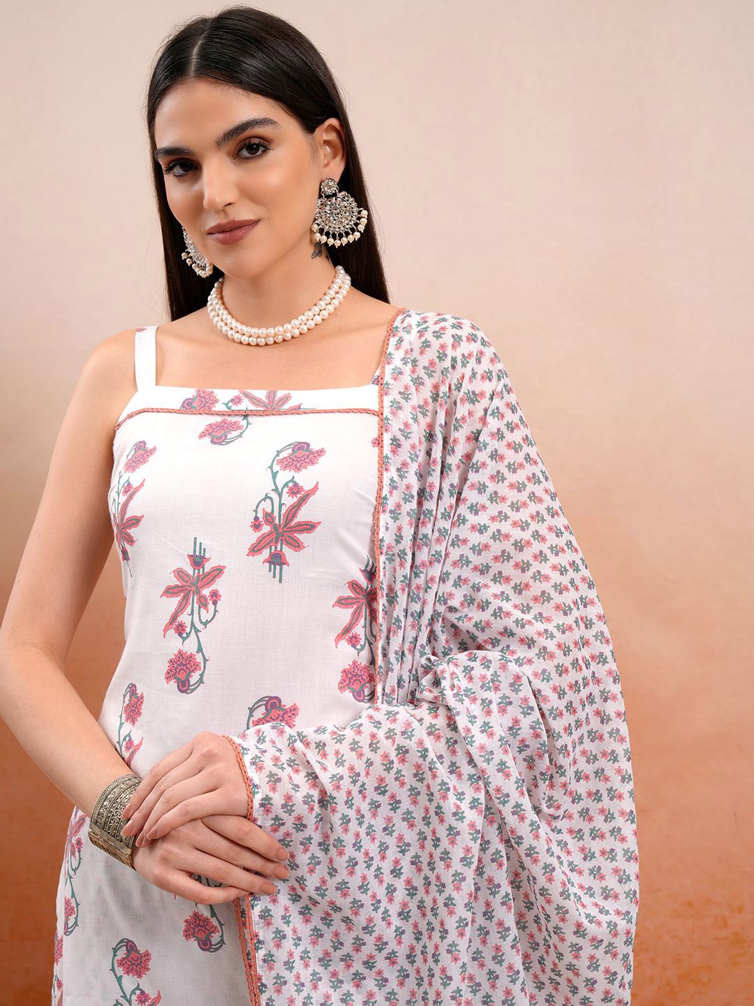 Vishudh White Printed Shoulder Straps Pure Cotton Straight Kurta With Palazzos & Dupatta