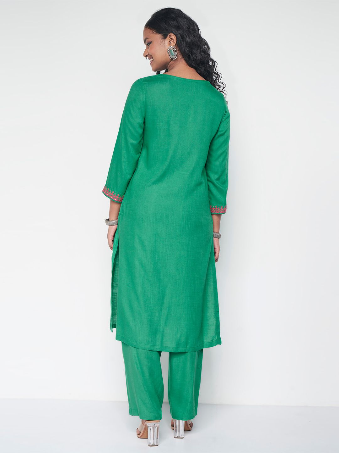 Global Desi Ethnic Motifs Embroidered Straight Kurta With Trouser