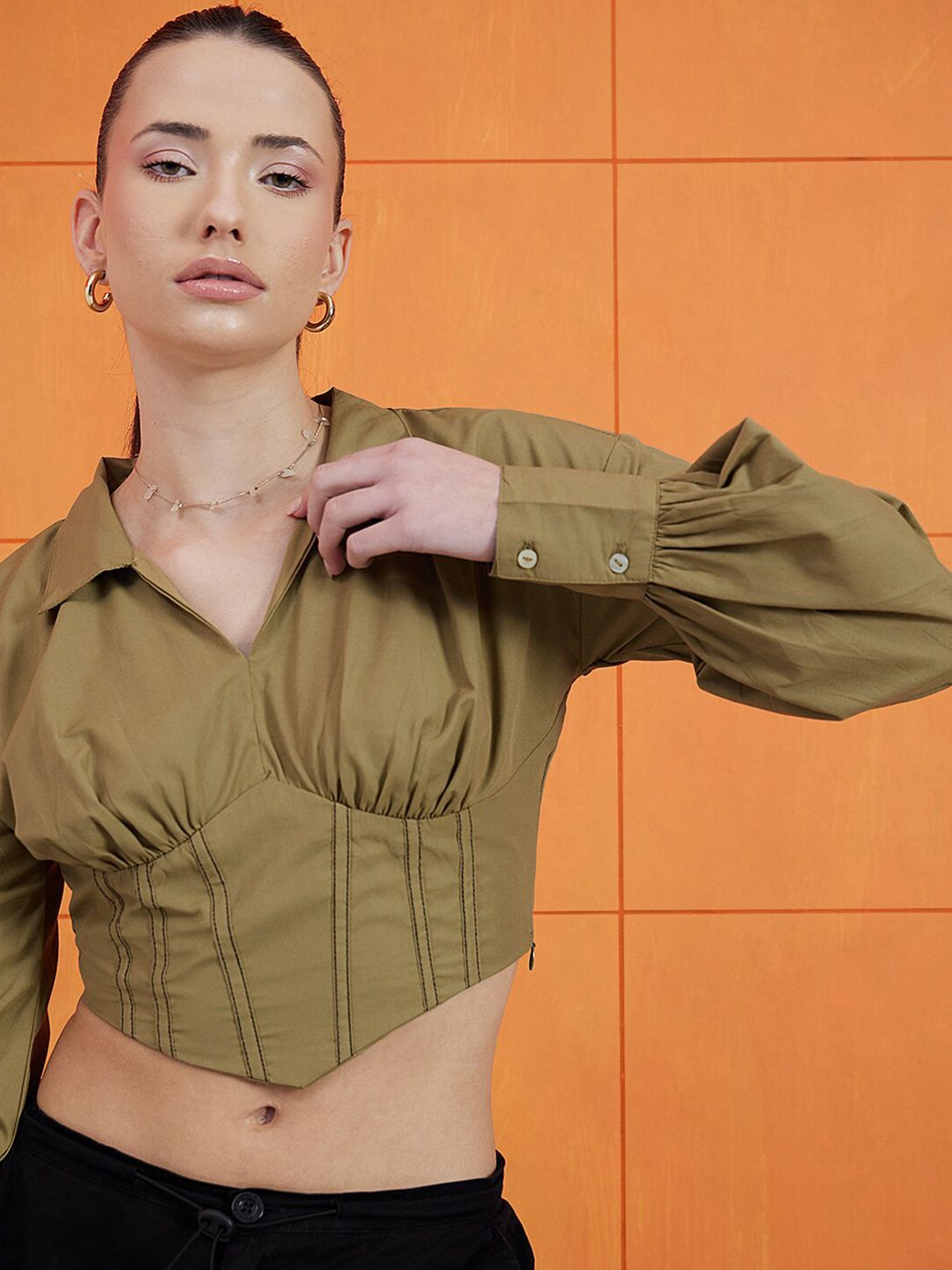 STREET 9 Green Shirt Collar Cuffed Sleeves Pure Cotton Crop Empire Top