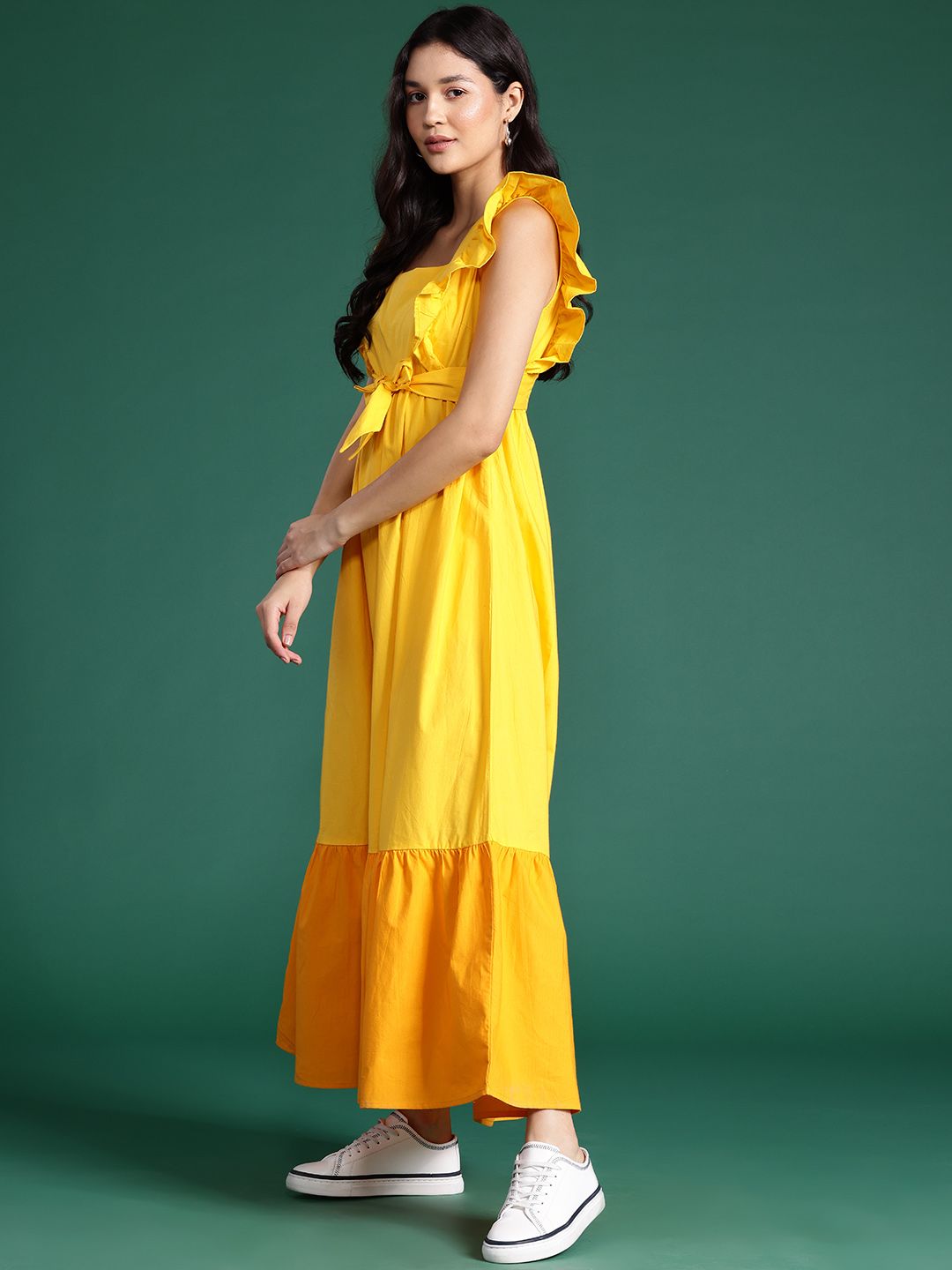 DressBerry Pure Cotton Colourblocked Ruffled Tiered Fit & Flare Maxi Dress with Bow Detail