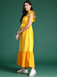 DressBerry Pure Cotton Colourblocked Ruffled Tiered Fit & Flare Maxi Dress with Bow Detail