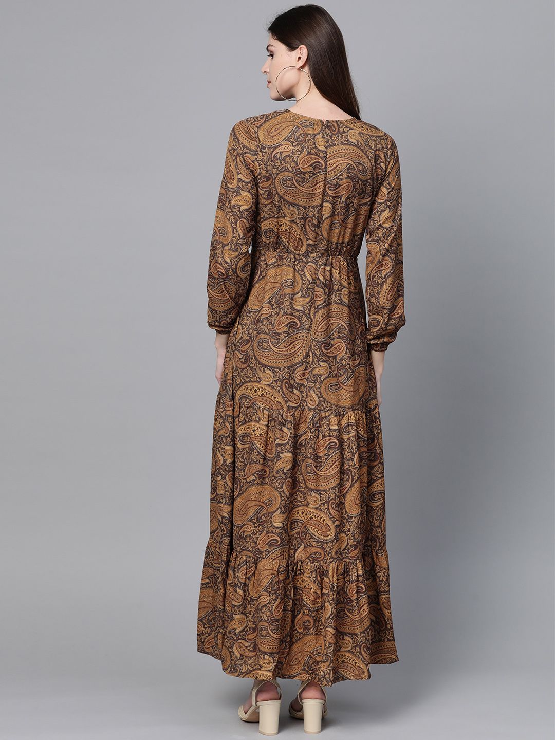 SASSAFRAS Brown & Black Ethnic Motifs Print Maxi Dress