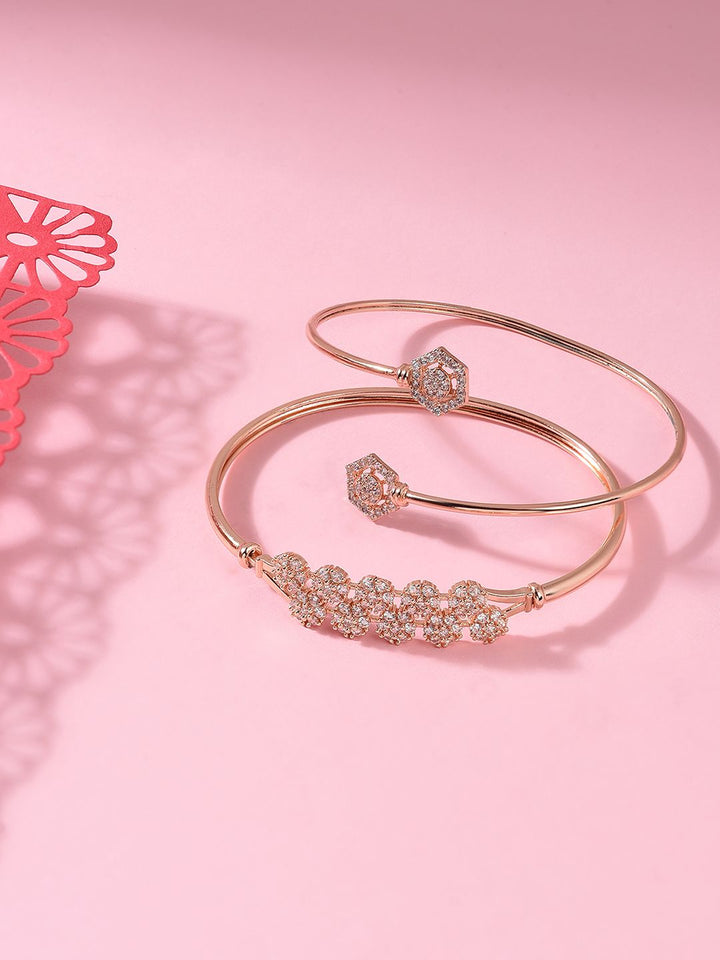 Zaveri Pearls Women Rose Gold & White Brass Cubic Zirconia Kada Bracelet Set of 2