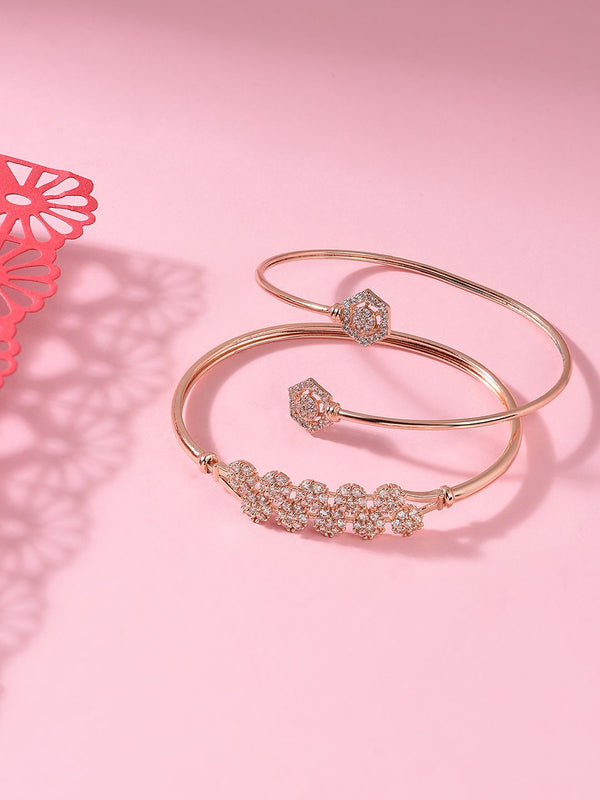 Zaveri Pearls Women Rose Gold & White Brass Cubic Zirconia Kada Bracelet Set of 2