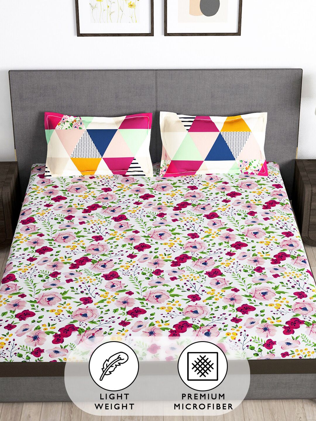Story@home White & Pink Geometric 180 TC Queen Bedsheet with 2 Pillow Covers